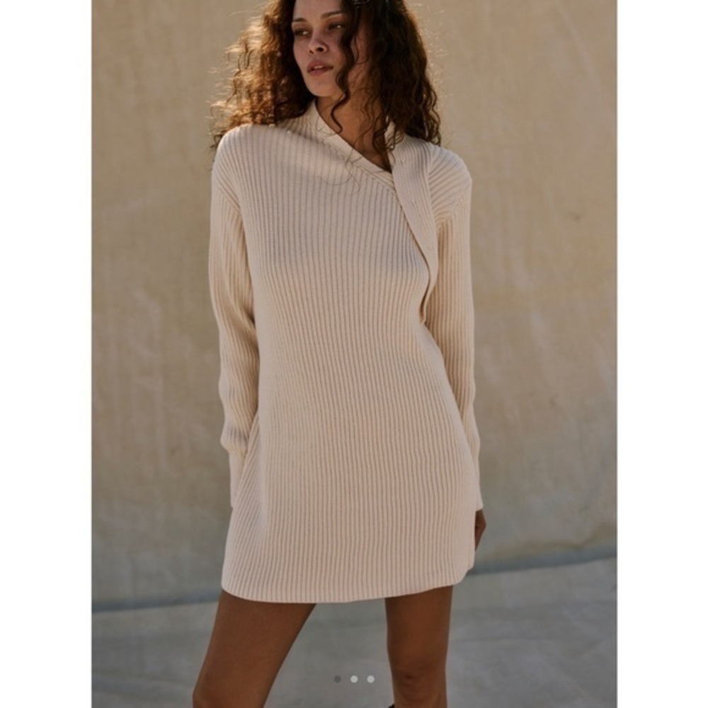 Free People Alba Sweater Tunic Cream Mini Dress Large Asymmetric Long Sleeves